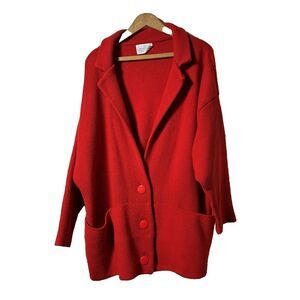 VTG 60s 70s Red Collared Knit Cardigan Sweater Coat Retro Slouchy Oversized Long